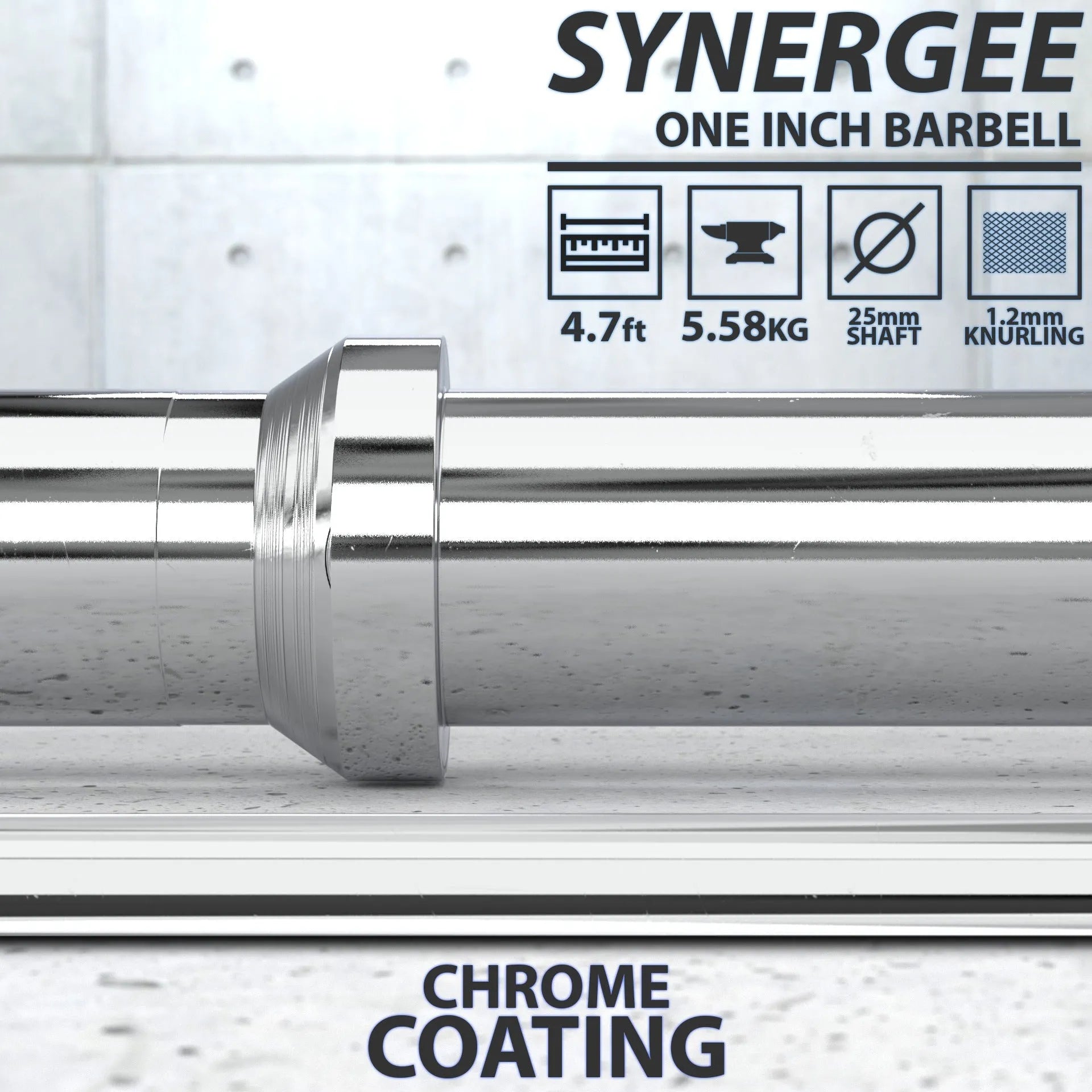Synergee one-inch barbell with chrome coating, 4.7 feet long and 25mm shaft diameter. Specifications show 5.58kg weight and 1.2mm knurling.