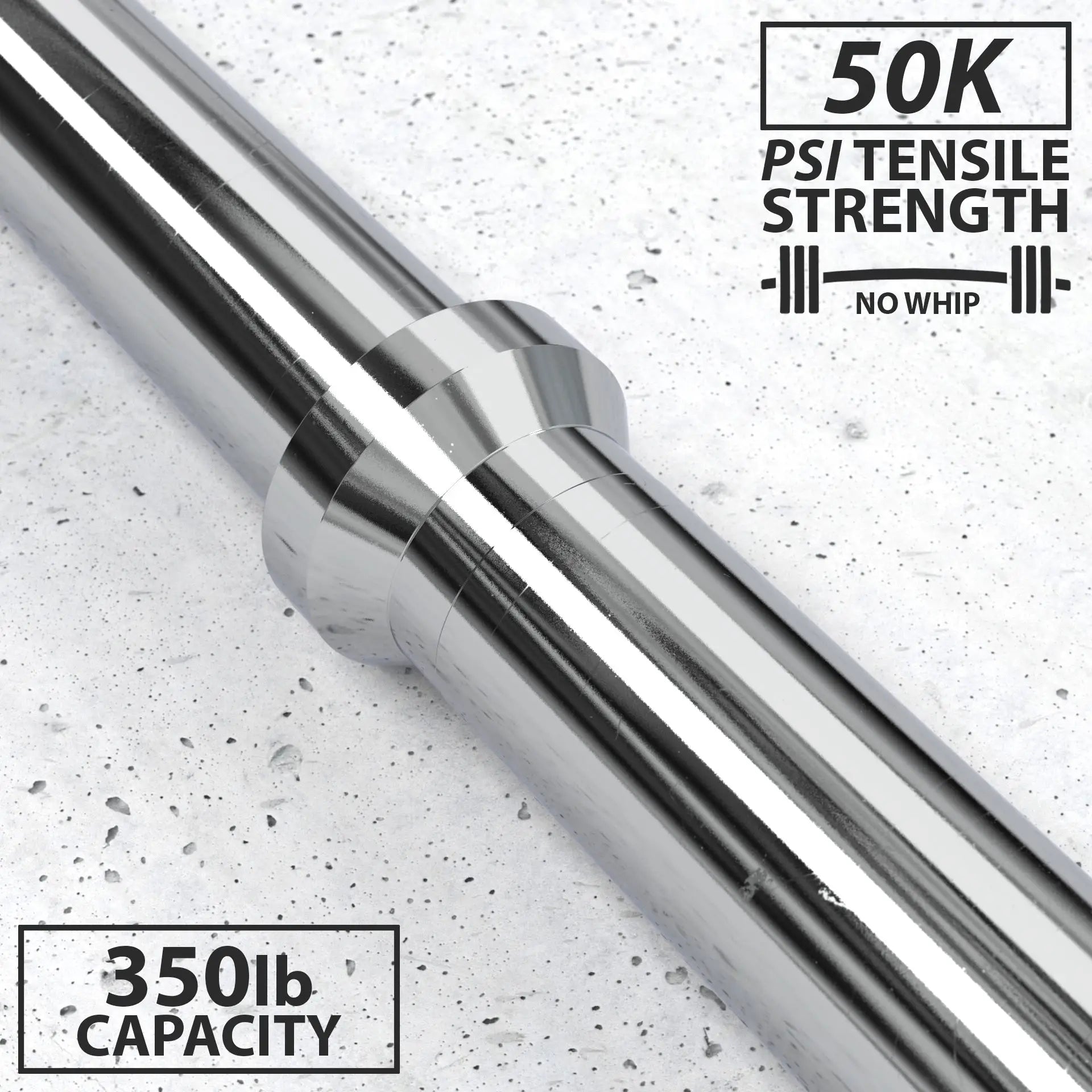 Chrome and black Olympic barbell with knurled grip and rotating sleeves on a speckled white surface. Text indicates 50K PSI tensile strength, no whip design, and 350lb capacity.