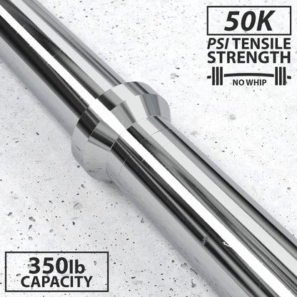Chrome and black barbell with white center knurling on concrete background, labeled 50K PSI tensile strength, no whip, 350lb capacity.