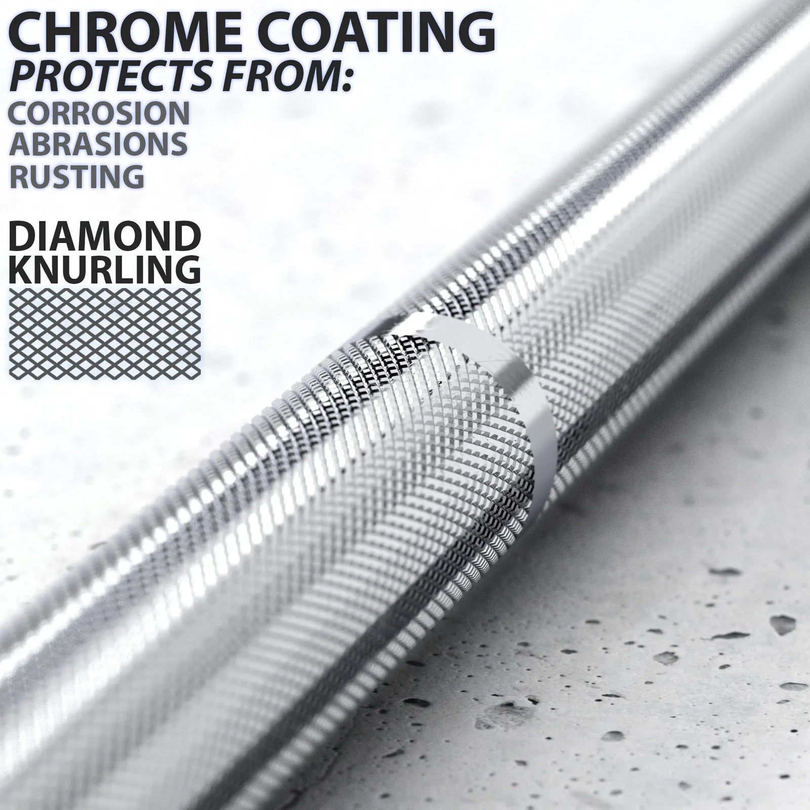 Chrome-coated barbell with diamond knurling grip pattern on the shaft, shown at an angle on a speckled gray surface.