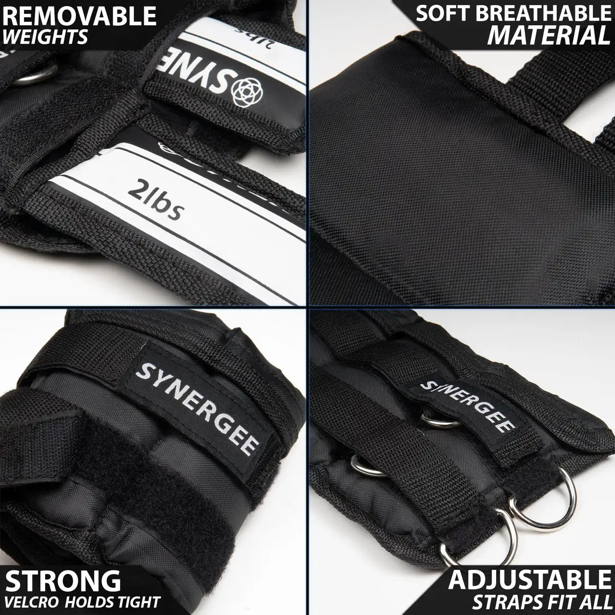 Black adjustable ankle and wrist weights with removable 2lbs pouches, soft breathable mesh material, velcro closures, and metal D-rings for strap attachment.
