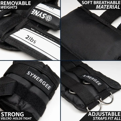 Black adjustable ankle and wrist weights with removable 2lbs pouches, soft breathable mesh material, velcro closures, and metal D-rings for strap attachment.