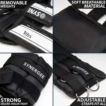 Black adjustable wrist and ankle weights with removable weight inserts labeled 11lbs, soft breathable mesh material, velcro closures, and metal D-rings for strap attachment.