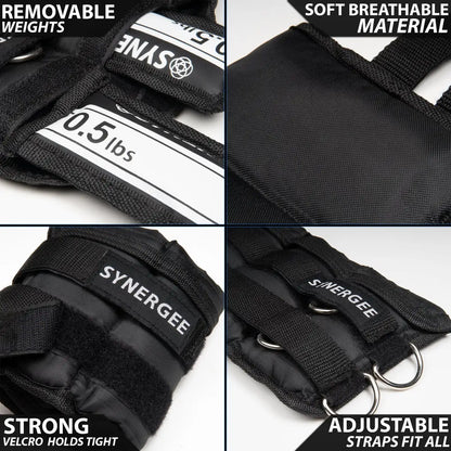 Black adjustable ankle and wrist weights with removable 0.5lb weight pouches, soft breathable nylon material, velcro closures, and metal D-rings for strap attachment.
