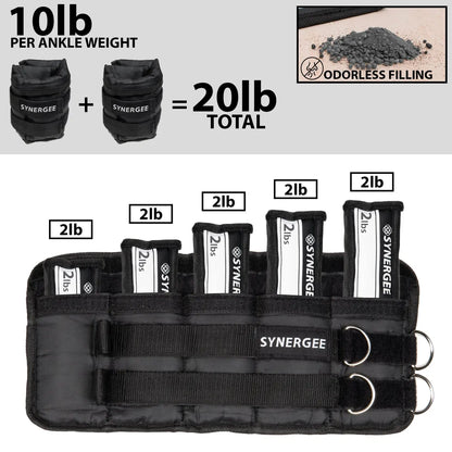 Pair of black ankle weights with Synergee branding, each weighing 10 lbs, displayed alongside a belt-style weighted vest containing five 2 lb removable pouches with odorless sand filling and metal D-rings.