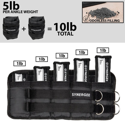 Black adjustable ankle weights with five individual 1lb pouches that combine to 10lb total, featuring odorless sand filling and metal D-rings for attachment. Two separate 5lb ankle cuff weights shown at top.