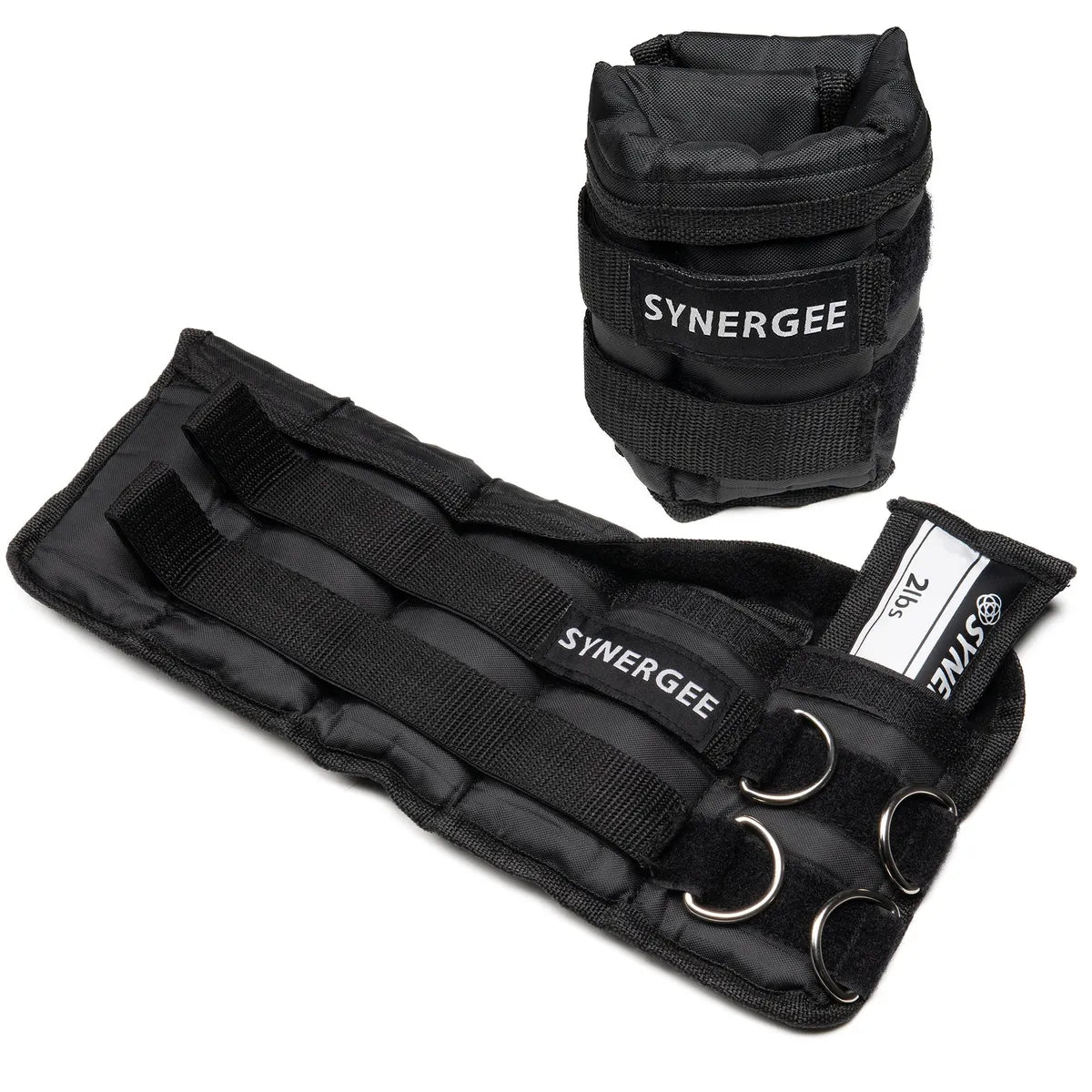 Black adjustable wrist and ankle weights by Synergee with neoprene padding, velcro straps, and metal D-rings for attachment. Set includes wrist cuffs and ankle weights with weight compartments.