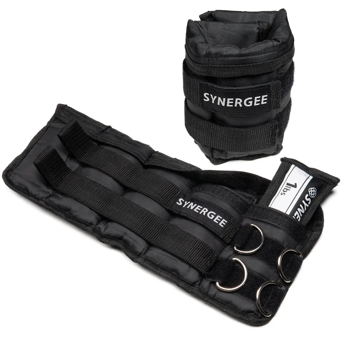 Black adjustable ankle and wrist weights set with Synergee branding, featuring padded neoprene construction, multiple D-ring attachment points, and a drawstring closure bag for storage.