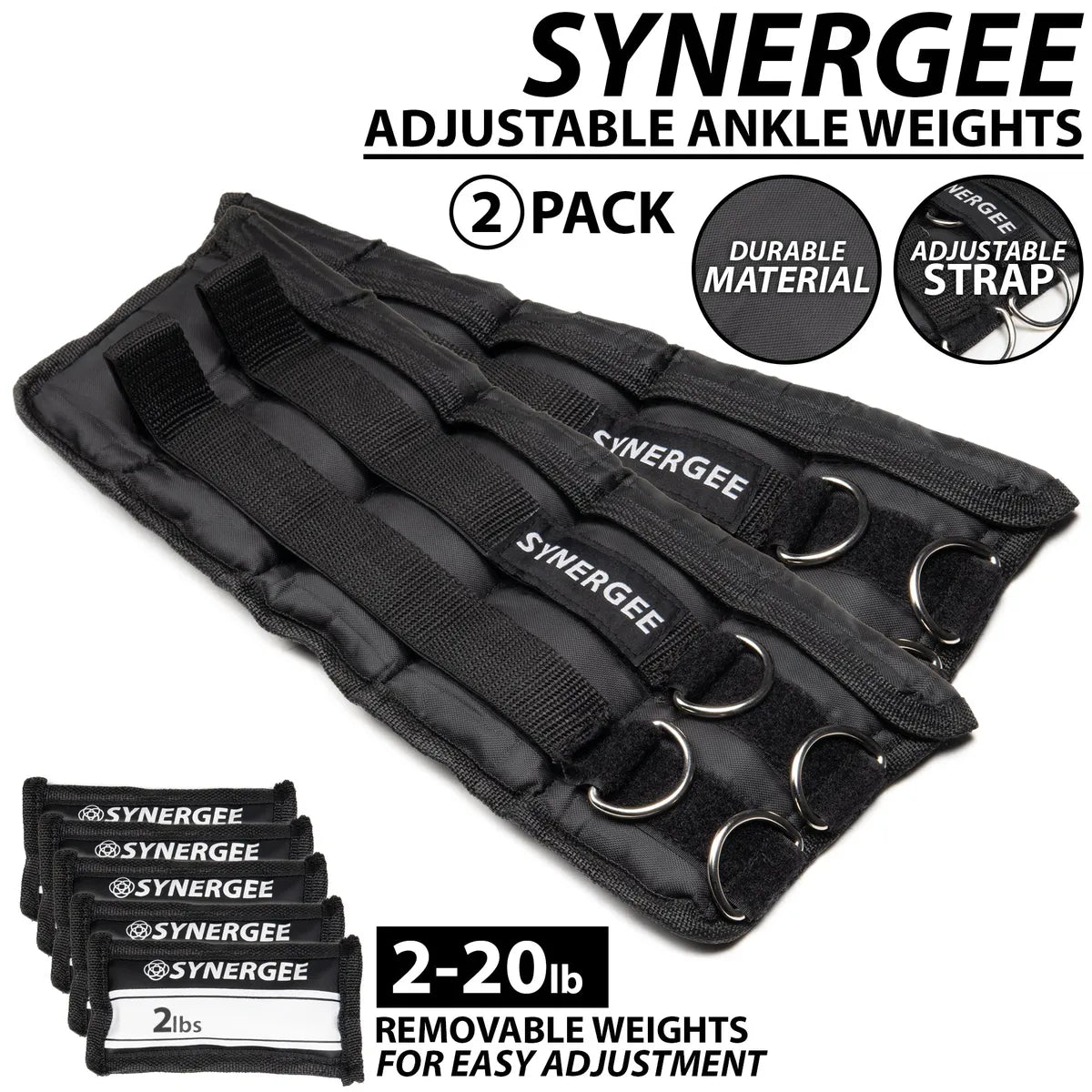 Pair of black adjustable ankle weights with padded construction, multiple D-rings for attachment, and removable 2-pound weight pouches ranging from 2-20 pounds total per weight.