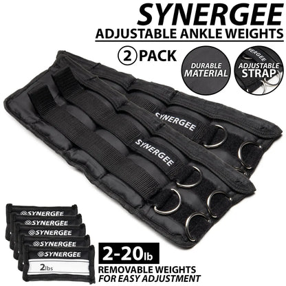 Pair of black adjustable ankle weights with padded construction, multiple D-rings for attachment, and removable 2-pound weight pouches ranging from 2-20 pounds total per weight.
