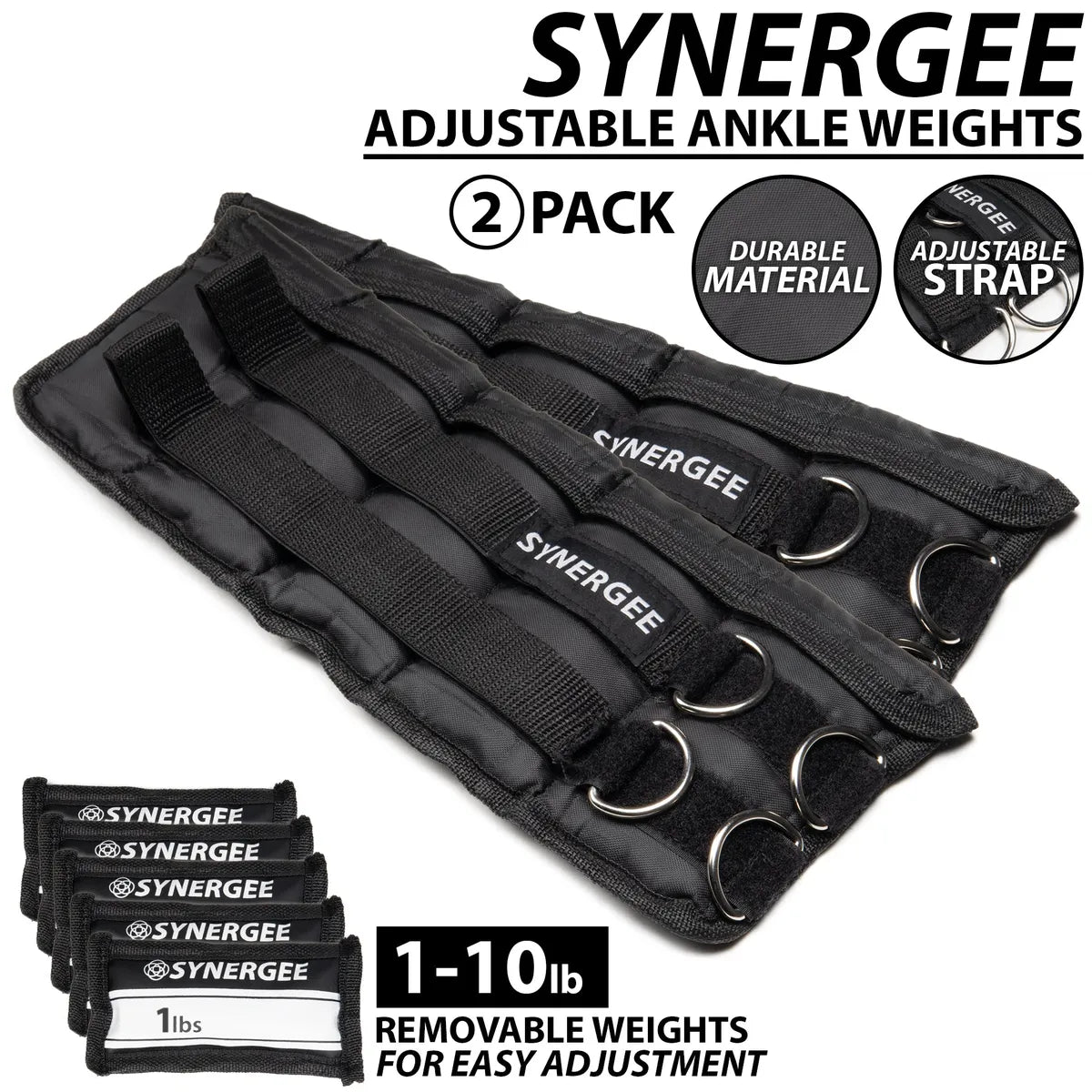 Pair of black adjustable ankle weights with removable 1-10 lb weight pouches, metal D-rings, and hook-and-loop straps. Set includes two weights with durable nylon material and labeled fabric pockets.