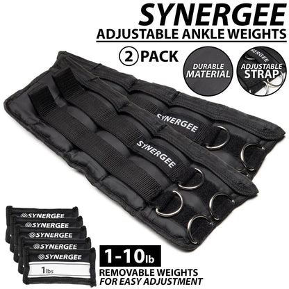 Pair of black adjustable ankle weights with removable 1-10 lb weight pouches, metal D-rings, and hook-and-loop straps. Set includes two weights with durable nylon material and labeled fabric pockets.
