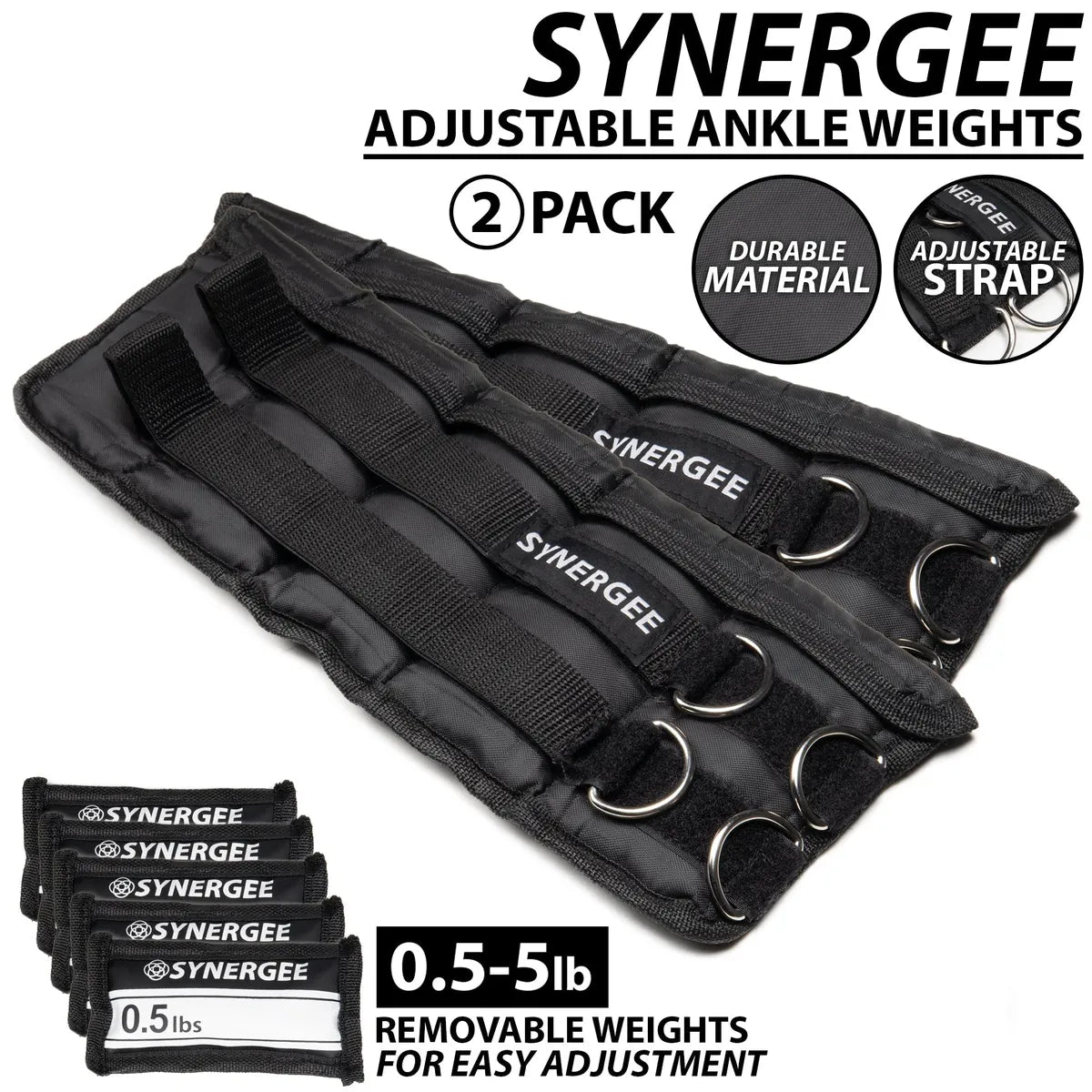Pair of black adjustable ankle weights with multiple metal D-rings, neoprene padding, and velcro straps, shown with removable weight inserts ranging from 0.5 to 5 pounds.