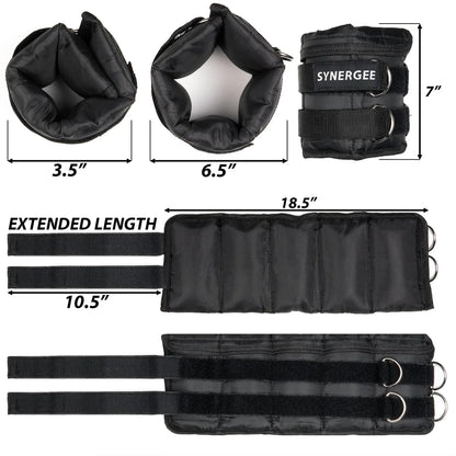 Synergee adjustable ankle and wrist weights set with black neoprene cuffs in two sizes (3.5" and 6.5"), ankle straps with extended length options, and metal D-rings for attachment. Dimensions and measurements labeled on white background.