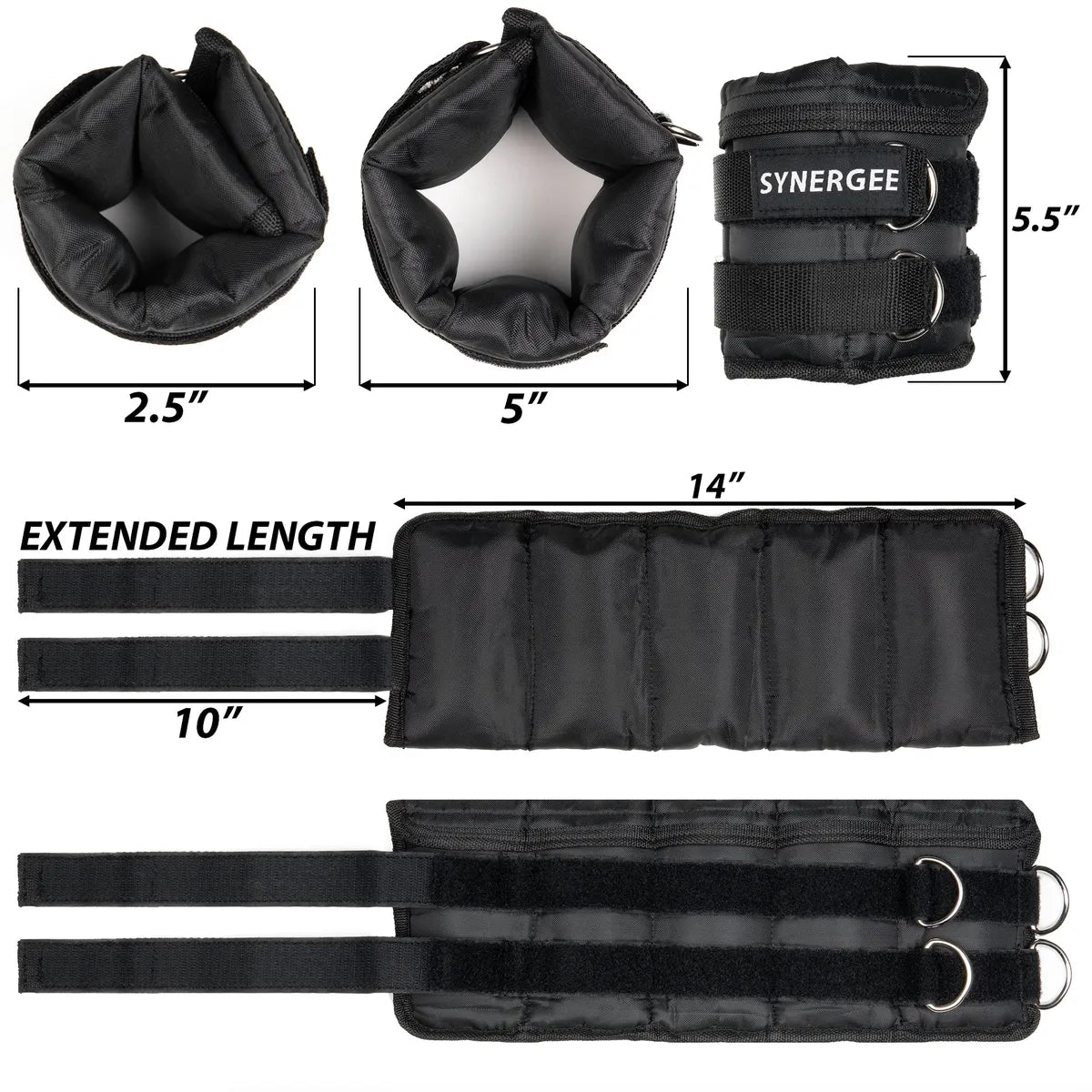 Black ankle and wrist weights set showing top and side views of small pouches, ankle cuff with 5.5" height, and extended length straps with metal D-rings and adjustment bands measuring up to 14".
