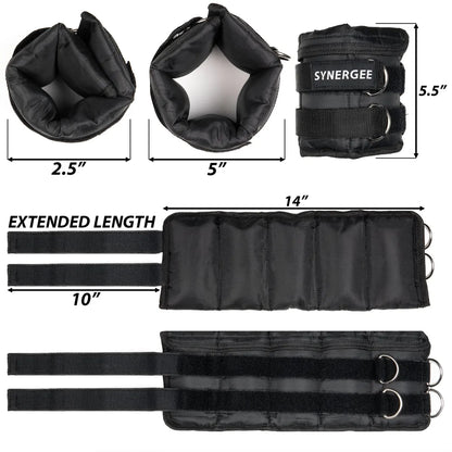 Black ankle and wrist weights set showing top and side views of small pouches, ankle cuff with 5.5" height, and extended length straps with metal D-rings and adjustment bands measuring up to 14".