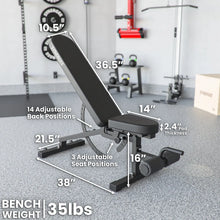 Black adjustable weight bench with incline and decline positions, labeled with dimensions including 10.5" wheel diameter, 36.5" back height, 14 adjustable back positions, and 3 adjustable seat positions, set in a gym environment. Bench weighs 35 lbs.