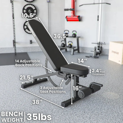 Black adjustable weight bench with incline and decline positions, labeled with dimensions including 10.5" wheel diameter, 36.5" back height, 14 adjustable back positions, and 3 adjustable seat positions, set in a gym environment. Bench weighs 35 lbs.