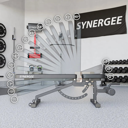 Synergee adjustable weight bench with gray frame and red seat pad, displaying multiple incline and decline angle positions marked with degree callouts ranging from -20° to 90°. Dumbbells and kettlebells visible in the gym setting.