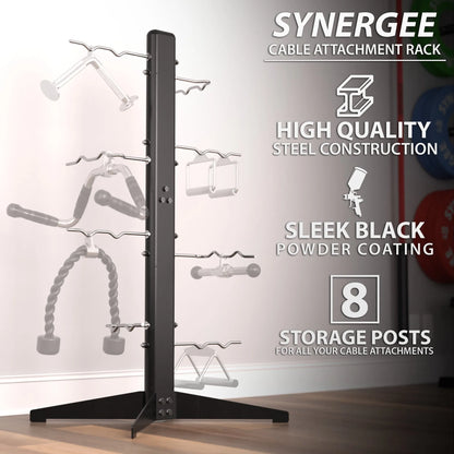 Black vertical cable attachment rack with eight storage posts holding various cable machine attachments, wide base stand, and black powder-coated steel construction.