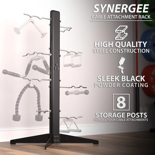 Black vertical cable attachment rack with eight storage posts holding various cable machine attachments, wide base stand, and black powder-coated steel construction.