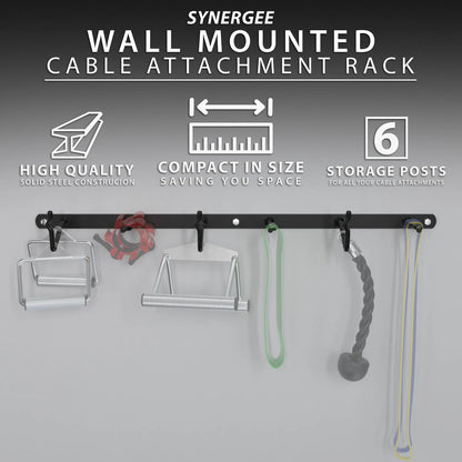 Black steel wall-mounted cable attachment rack with six storage posts holding various exercise cables and accessories including resistance bands and rope attachments.