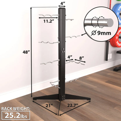Black vertical cable attachment rack with multiple J-hook pegs for weight plates, 48 inches tall with 9mm diameter steel pegs and a stable base footprint of 21" x 22.7". Rack weight 25.2 lbs.