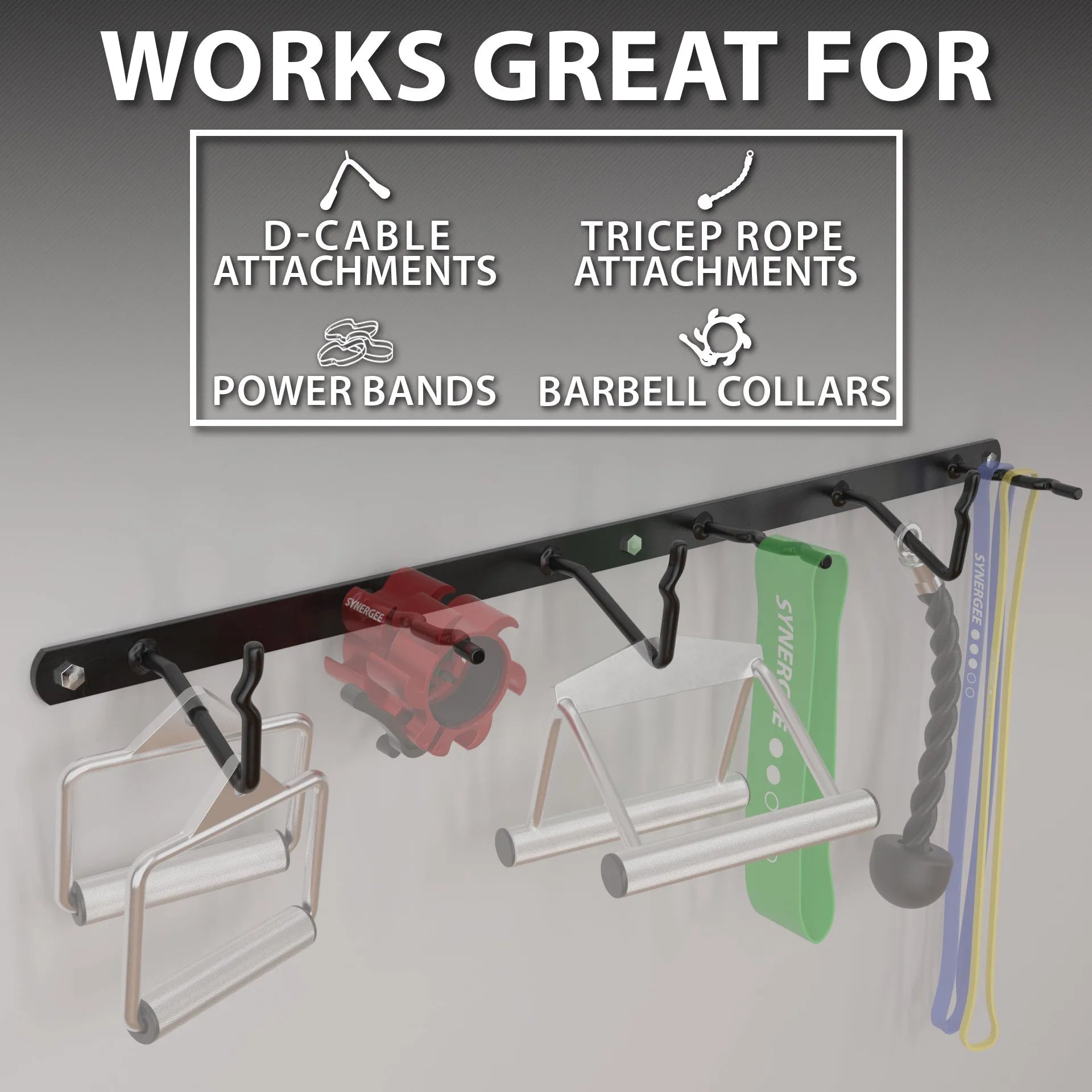 Black wall-mounted cable attachment rack displaying various fitness accessories including d-cable attachments, tricep rope, power bands, and barbell collars hanging from hooks.