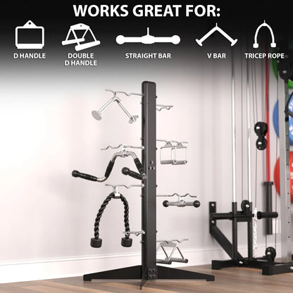 Black vertical cable attachment rack with multiple arms displaying various interchangeable handles including D handles, straight bars, V bars, rope attachments, and double D handles. Right side shows additional cable machine equipment with colored...