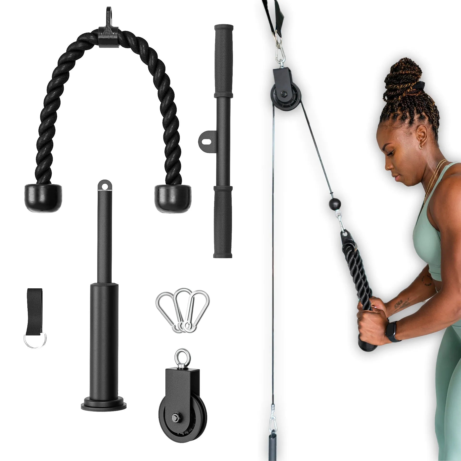 Cable pulley system with black twisted rope attachment, metal carabiners, adjustable pulley, and foam-grip bar. Woman in green sports top demonstrates the system in use on the right.