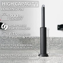 Black loading pin with 8-inch loadable sleeve, protective rubber ring and base, designed to fit standard 2-inch and 1-inch weight plates with 300 lbs capacity.