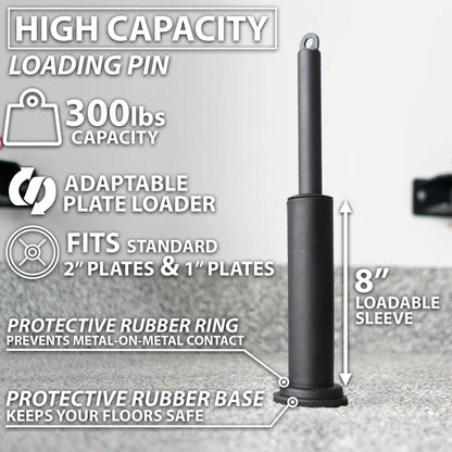 Black loading pin with 8-inch loadable sleeve, protective rubber ring and base, designed to fit standard 2-inch and 1-inch weight plates with 300 lbs capacity.