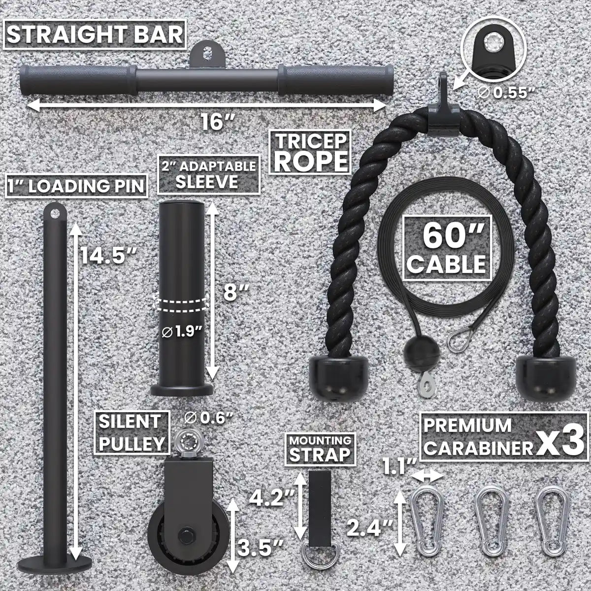 Cable pulley system components laid out on gray background, including 16" straight bar, 1" loading pin, 2" adaptable sleeve, silent pulley, 60" cable with tricep rope, mounting strap, and three premium carabiners with labeled measurements.