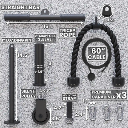 Cable pulley system components laid out on gray background, including 16" straight bar, 1" loading pin, 2" adaptable sleeve, silent pulley, 60" cable with tricep rope, mounting strap, and three premium carabiners with labeled measurements.