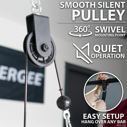 Black and gray cable pulley system with metal swivel mounting point and black nylon strap, suspended in a gym setting. System features a smooth-running pulley wheel and attachment ring.