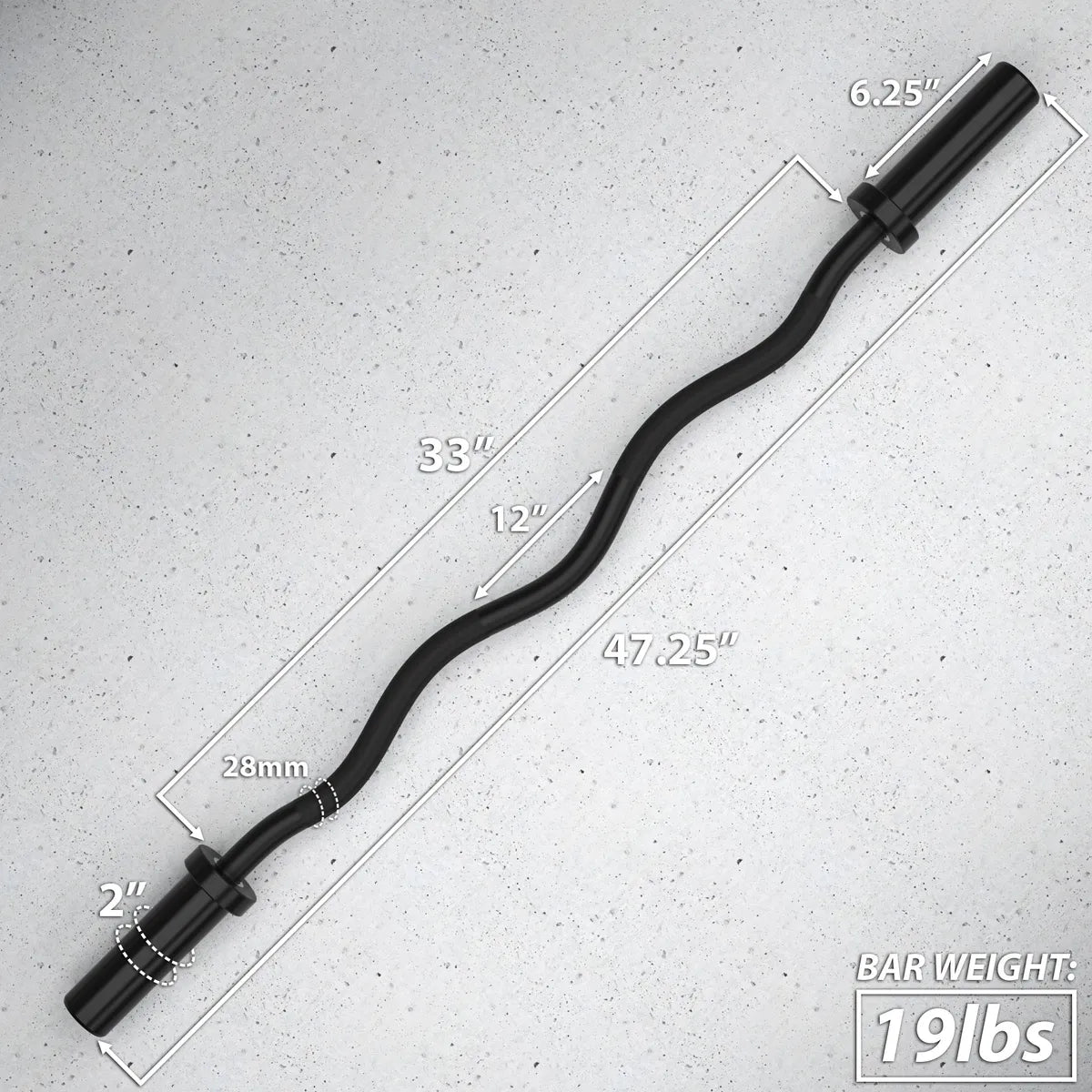 Curved EZ curl bar with black knurled grip sections and black sleeves, measuring 47.25 inches overall length and weighing 19 lbs.