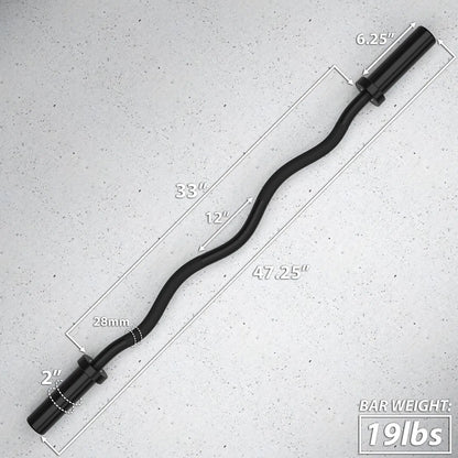 Curved EZ curl bar with black knurled grip sections and black sleeves, measuring 47.25 inches overall length and weighing 19 lbs.