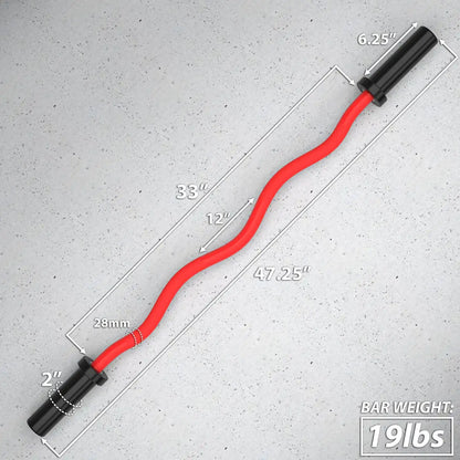 Red curved EZ curl bar with black rubber grip sleeves on both ends, displayed on concrete background with dimension measurements labeled: 47.25" total length, 33" bar length, 28mm diameter, 6.25" grip sleeve height, and 2" collar width. Bar weight...