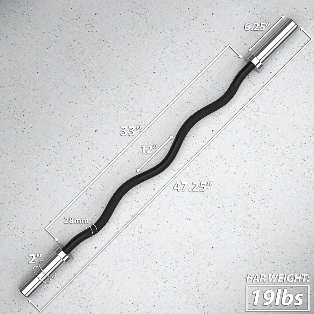 EZ curl bar with 28mm diameter grip, black rubber-coated center section, and chrome end sleeves. Total length 47.25 inches, weighs 19 lbs.