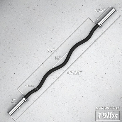 EZ curl bar with 28mm diameter grip, black rubber-coated center section, and chrome end sleeves. Total length 47.25 inches, weighs 19 lbs.