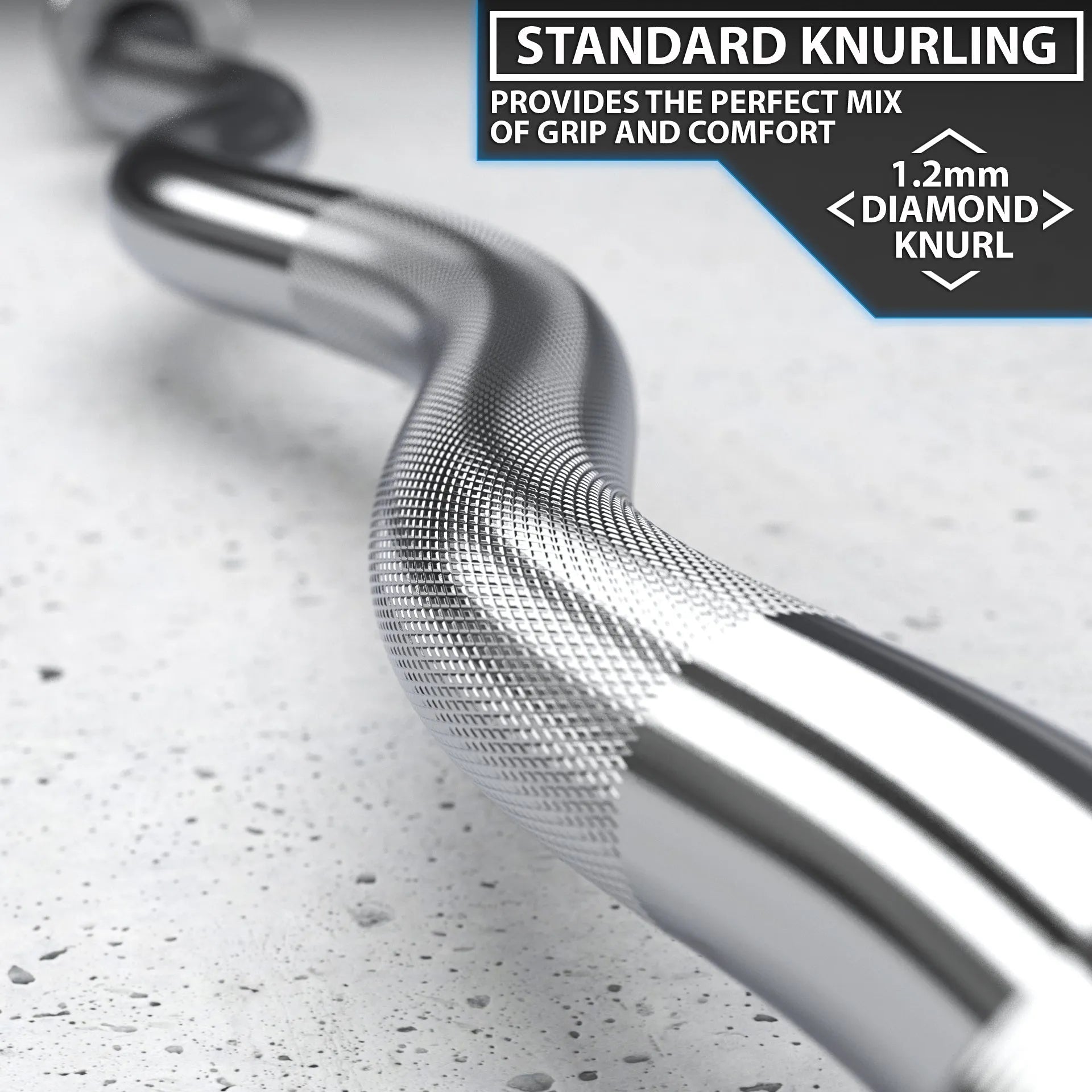 Close-up of a chrome EZ curl bar showing the standard knurling grip pattern and 1.2mm diamond knurl detail on the textured handle section against a light speckled surface.