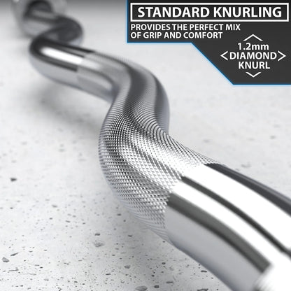 Close-up of a chrome EZ curl bar showing the standard knurling grip pattern and 1.2mm diamond knurl detail on the textured handle section against a light speckled surface.