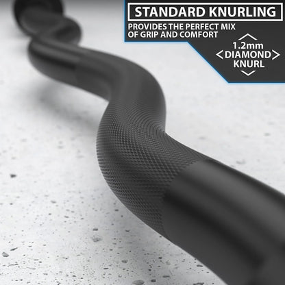Close-up of a black EZ curl bar showing the textured knurled grip section and curved handle design on a speckled gray surface.