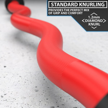 Red EZ curl bar with textured knurled grip laid on a speckled gray surface. Standard knurling pattern visible along the handle with 1.2mm diamond knurl specification labeled.