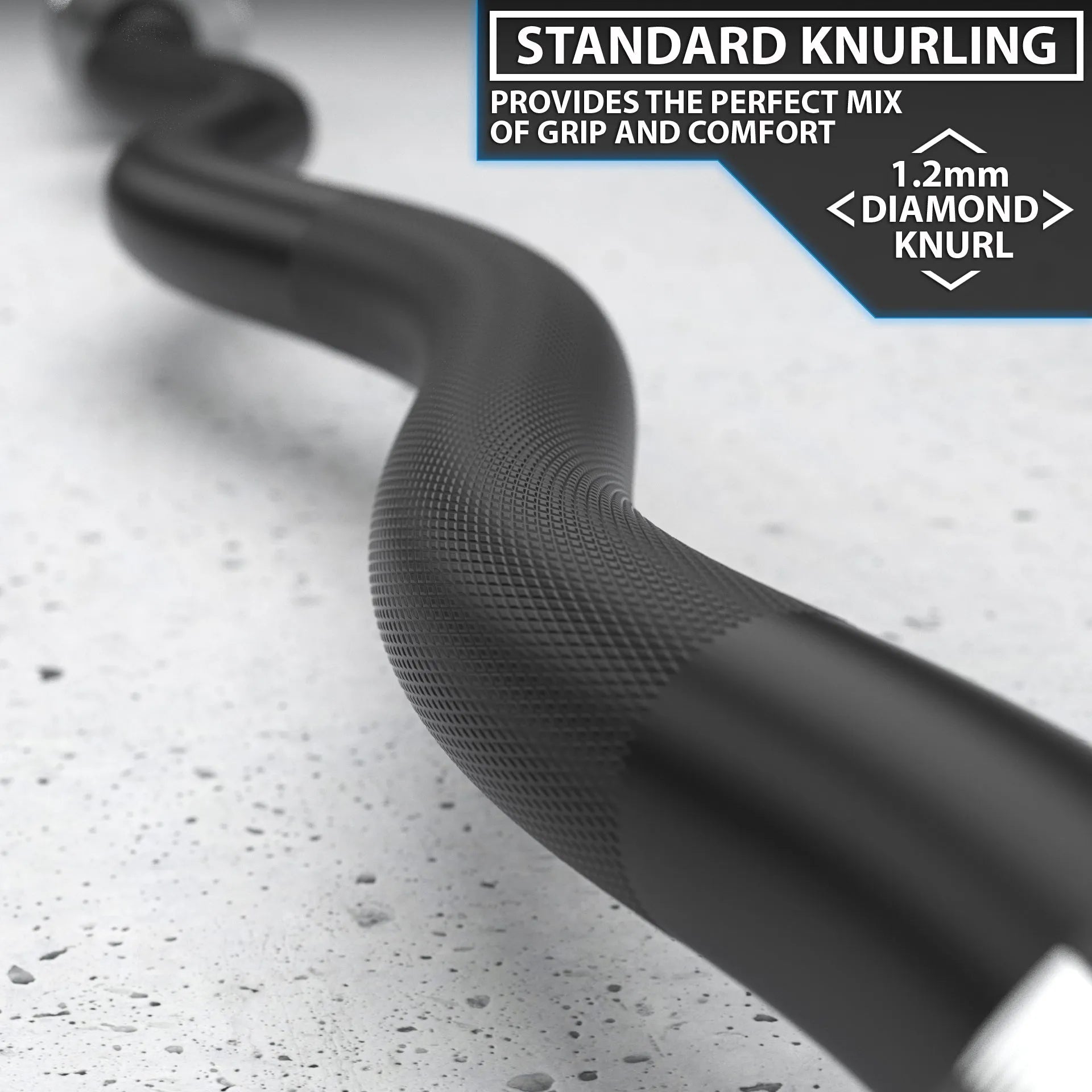 Close-up of a black EZ curl bar with standard knurling grip pattern and 1.2mm diamond knurl detail visible on the textured handle surface.