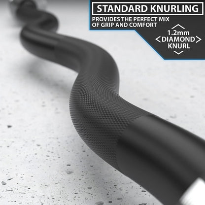 Close-up of a black EZ curl bar with standard knurling grip pattern and 1.2mm diamond knurl detail visible on the textured handle surface.