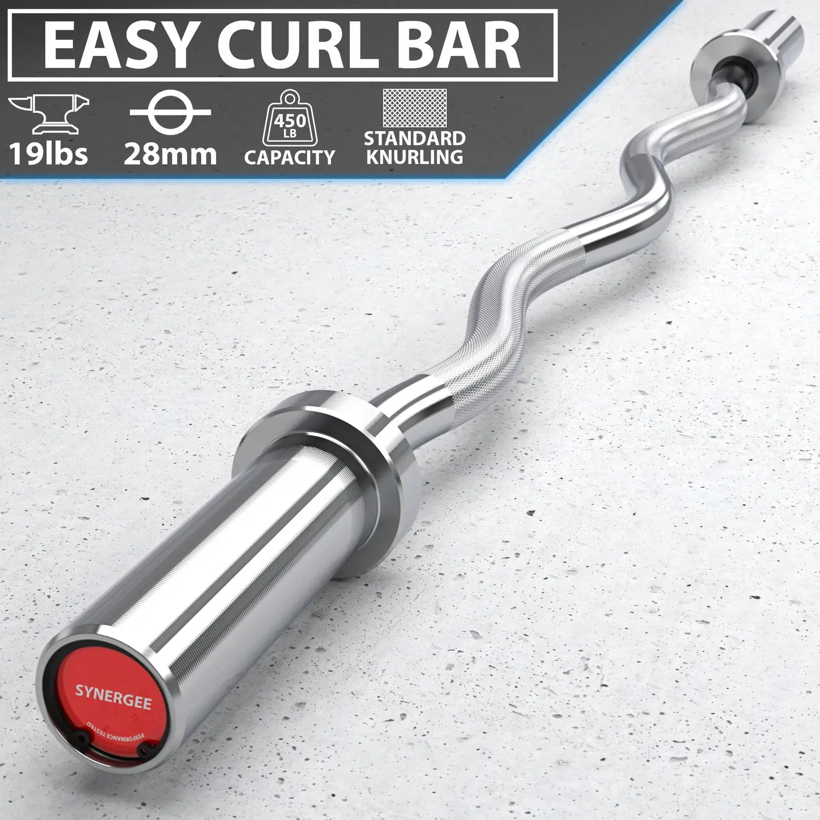 Chrome easy curl bar with wavy grip and chrome collars on a concrete background. Bar weighs 19 lbs with 28mm diameter and 450 lb capacity.