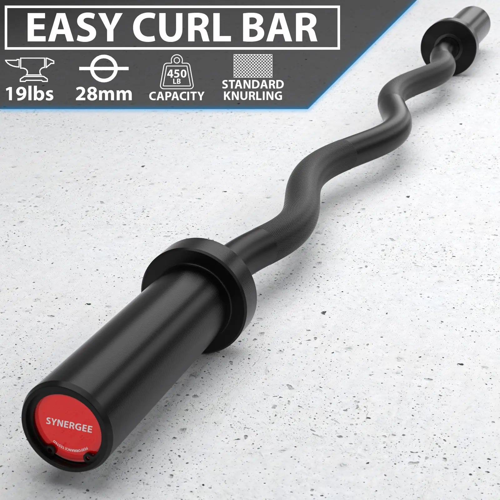 Black easy curl bar with textured grip and curved design, featuring red end cap labeled Synerge. Specifications indicate 19lbs weight, 28mm diameter, and 450lb capacity.