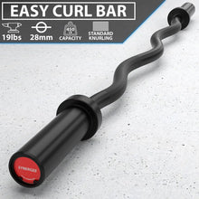 Black easy curl bar with textured grip and curved design, featuring red end cap labeled Synerge. Specifications indicate 19lbs weight, 28mm diameter, and 450lb capacity.