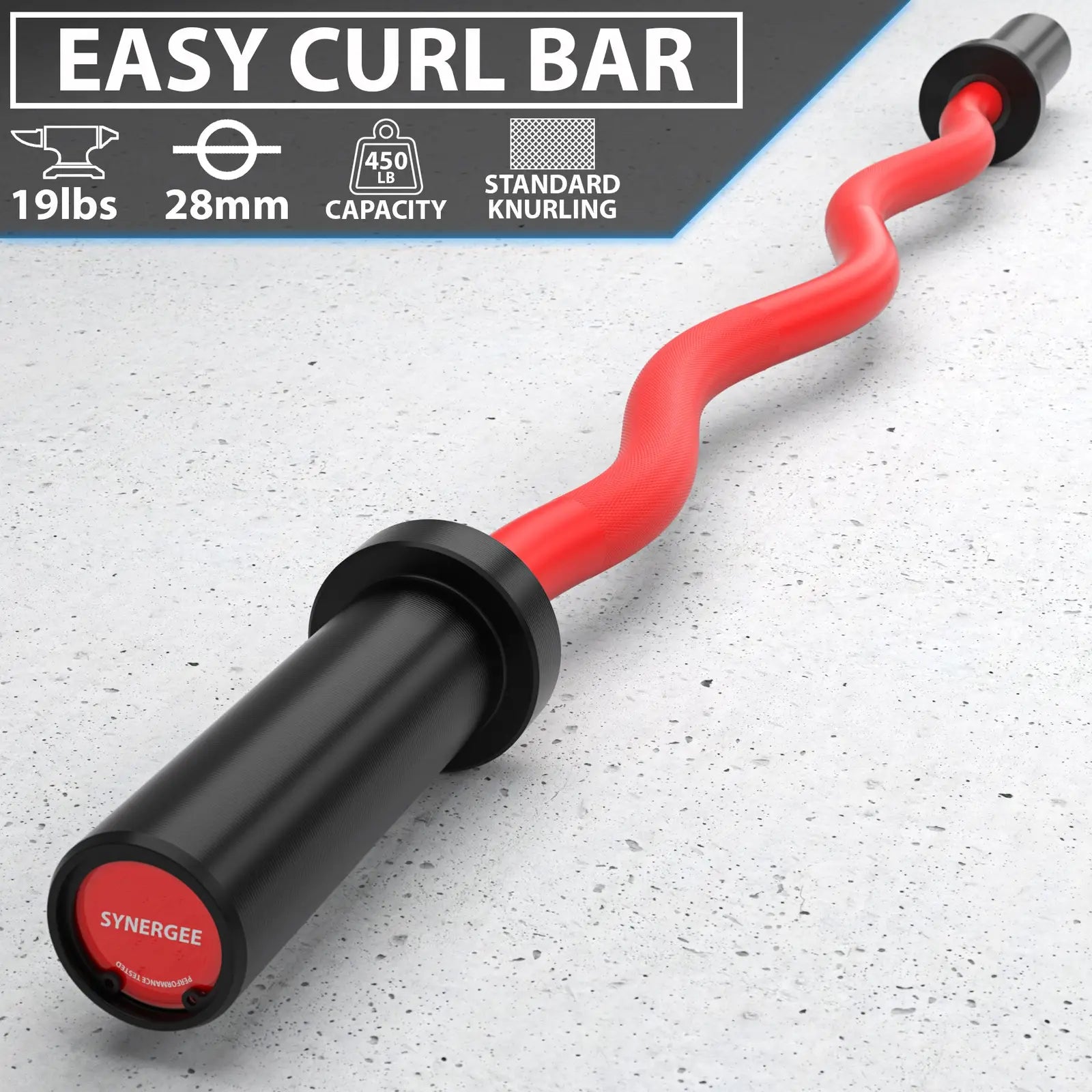 Red EZ curl bar with black end caps and grip sleeves, featuring a wavy grip design, displayed on a concrete surface. Specifications show 19lbs weight, 28mm bar diameter, and 450lb capacity.